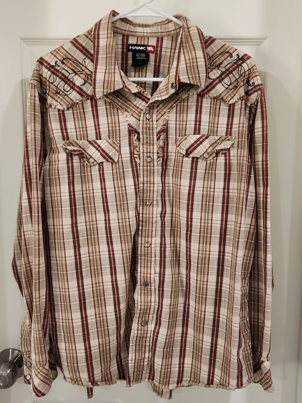 Tony Hawk Mens L Clear Glass Pearl Snap Western Plaid Y2K Vintage Embroidered